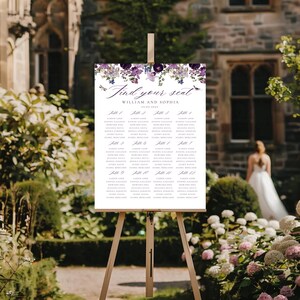 Lila afdrukbaar zitplan, downloadbare tabel met zitplaatsen, bloemen bruiloft uitnodiging sjabloon, lente bewerkbare digitale uitnodigingen, wilde iris