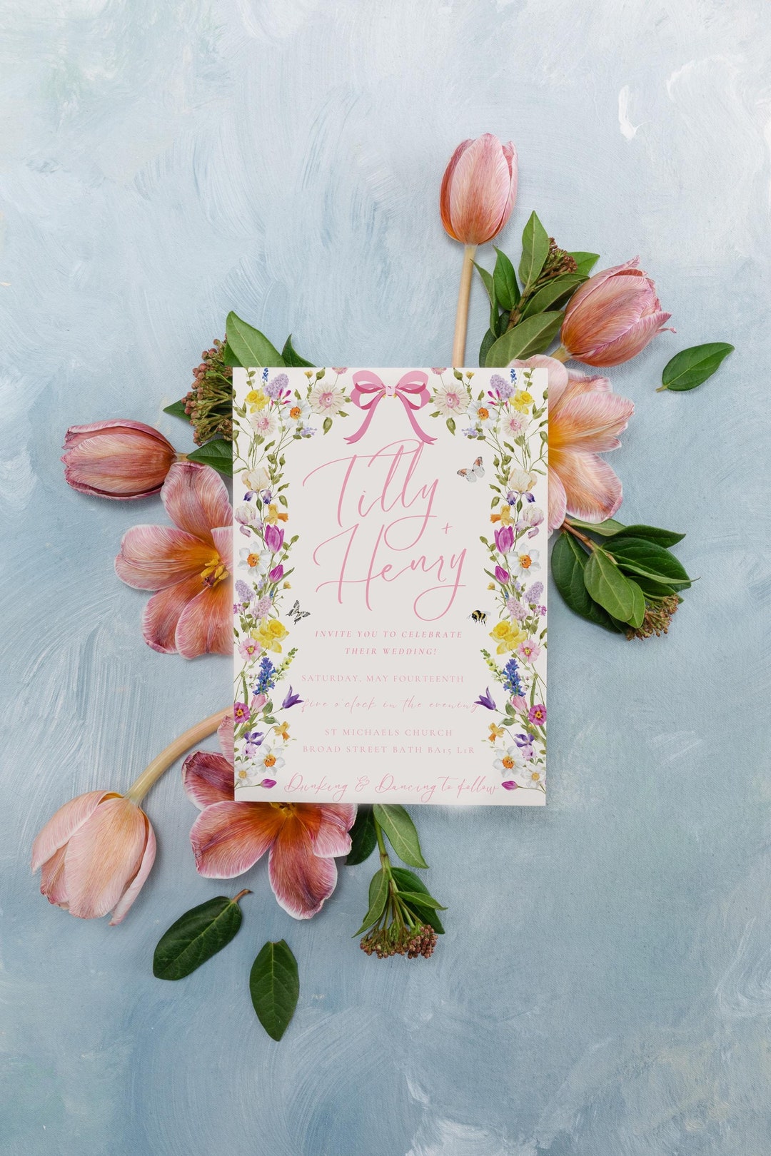 Wildflower Printable Pink Floral Wedding Invitation Spring DIY Editable &amp; Downloadable Template ...