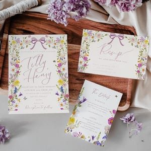 Pink Floral Wedding Invitation - Spring DIY Editable & Downloadable Template, Wildflower Bow Invites, Customizable Design