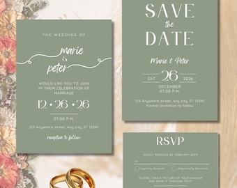 Sage Green Minimal Wedding Essential Invitation Suite, Editable Canva Templates.