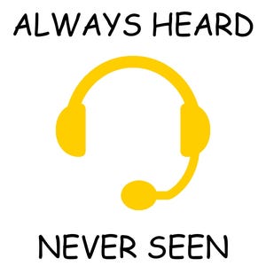 Puede incluir: Fondo blanco con el texto "ALWAYS HEARD NEVER SEEN" en negro. Un gráfico de auriculares amarillos está centrado entre el texto.