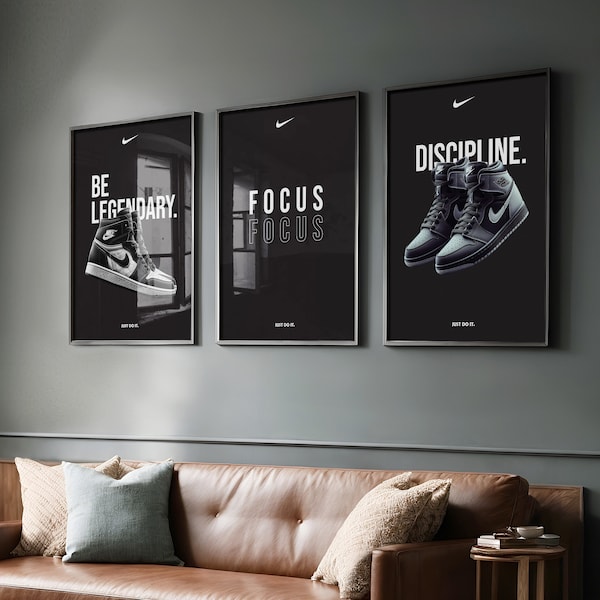 Poster Nike, citation motivante, design noir, poster Just Do it, lot de 3 décorations Nike, poster Nike, poster motivation Nike