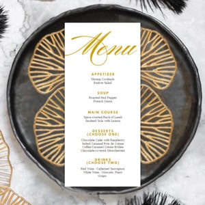 Edytowalny złoty szablon karty menu, złote menu weselne, menu do druku, menu na wesele/wieczór panieński, nowoczesne menu na wydarzenie, natychmiastowe pobranie