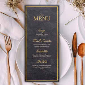 Modèle de carte de menu modifiable en or noir, menu de dîner de mariage, menu imprimable, menu mariage/shower nuptiale, menu d'événement moderne, téléchargement immédiat