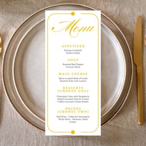 Plantilla de menú imprimible con detalles dorados, menú editable, descarga instantánea, menú dorado para cenas, menú editable para eventos, diseño elegante.