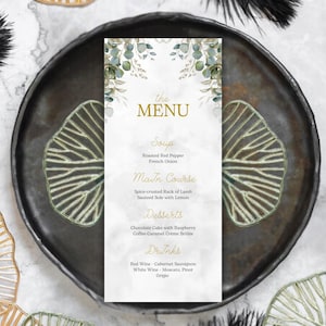 Bearbeitbares Greenery Menükartenvorlage, Hochzeitsmenükarte Olive, druckbares Menü, Brautdusche-Menü, modernes Event-Menü, Instant Download