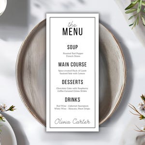 Bewerkbare witte en zwarte menukaart, afdrukbaar evenementenmenu, aanpasbare dinermenusjabloon, modern script trouwmenu, direct digitaal bestand