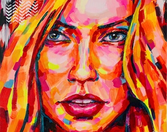 Oversized Wall Decor, American blonde woman portrait, Colorful painting, European woman, Pop art canvas, Original acrylic painting