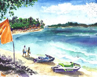 Couple lovers near ocean, Mini watercolor painting, Small watercolor art, Ocean Palm Beach, Home wall gallery, Vacation art