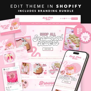 Peut inclure: Un ensemble de branding sur le thème rose, comprenant une conception de site web, des cartes de visite et des modèles de médias sociaux. Le site web affiche "Shop All Seasonal Sellers" et "New In". Le texte "Edit Theme in Shopify" est également visible.