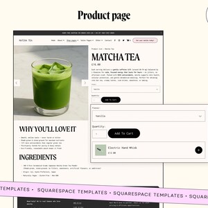 Pu&ograve; includere: Una pagina prodotto di t&egrave; Matcha su un sito web. L'immagine mostra un bicchiere di t&egrave; matcha verde con cubetti di ghiaccio, dettagli del prodotto e un pulsante 'Aggiungi al carrello'. &Egrave; visibile anche il testo 'Perch&eacute; lo amerai' e 'Ingredienti'.