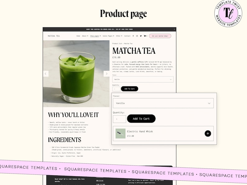 Pu&ograve; includere: Una pagina prodotto di t&egrave; Matcha su un sito web. L'immagine mostra un bicchiere di t&egrave; matcha verde con cubetti di ghiaccio, dettagli del prodotto e un pulsante 'Aggiungi al carrello'. &Egrave; visibile anche il testo 'Perch&eacute; lo amerai' e 'Ingredienti'.