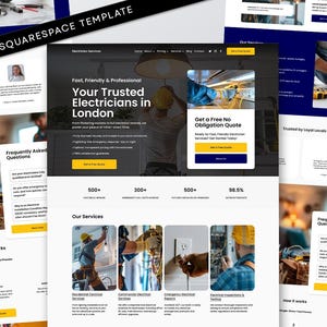 May include: A Squarespace template for electrician services. The website design features a dark background with yellow accents and includes the text "Fast, Friendly & Professional Your Trusted Electricians in London". The template showcases service categories and a call to action.