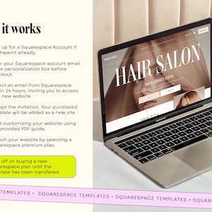 Peut inclure: Un ordinateur portable argent&eacute; affichant un mod&egrave;le de site web pour un salon de coiffure. L'&eacute;cran affiche les mots "HAIR SALON" en grandes lettres blanches. Le texte &agrave; gauche explique comment utiliser les mod&egrave;les Squarespace. L'ordinateur portable est sur une surface blanche.
