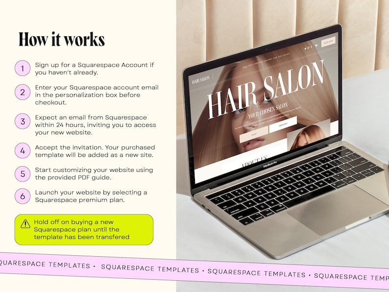 Peut inclure: Un ordinateur portable argent&eacute; affichant un mod&egrave;le de site web pour un salon de coiffure. L'&eacute;cran affiche les mots "HAIR SALON" en grandes lettres blanches. Le texte &agrave; gauche explique comment utiliser les mod&egrave;les Squarespace. L'ordinateur portable est sur une surface blanche.