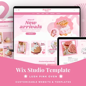 May include: A Wix Studio website template titled Lush Pink Oven featuring a pink color scheme, navigation menus, and product displays including images of pastries, cupcakes, and cookies. The layout includes sections for new arrivals and featured products.