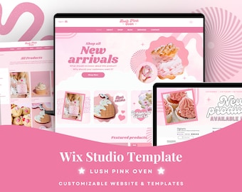 May include: A Wix Studio website template titled Lush Pink Oven featuring a pink color scheme, navigation menus, and product displays including images of pastries, cupcakes, and cookies. The layout includes sections for new arrivals and featured products.