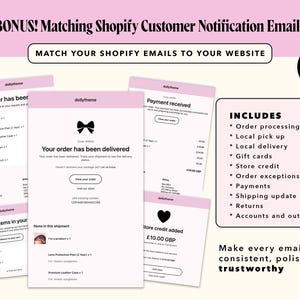 Pode incluir: Uma cole&ccedil;&atilde;o digital de 38 modelos de e-mail de notifica&ccedil;&atilde;o ao cliente Shopify com um esquema de cores rosa claro e branco. Os modelos incluem processamento de pedidos, retirada local, entrega, cart&otilde;es-presente e devolu&ccedil;&otilde;es.