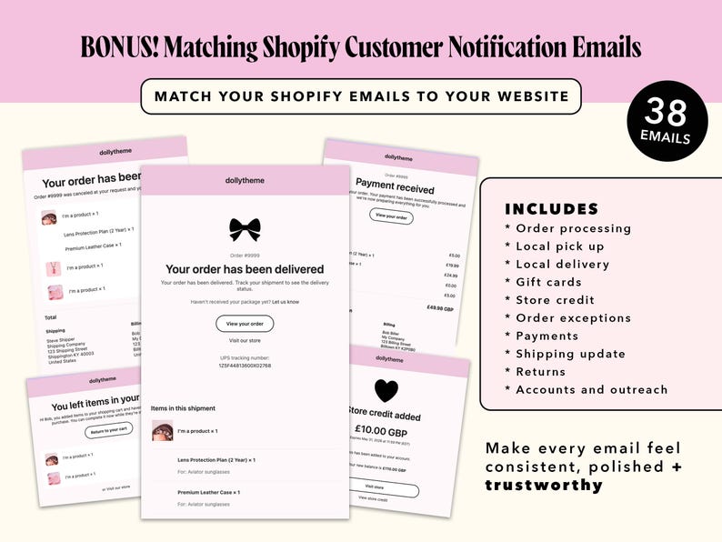Pode incluir: Uma cole&ccedil;&atilde;o digital de 38 modelos de e-mail de notifica&ccedil;&atilde;o ao cliente Shopify com um esquema de cores rosa claro e branco. Os modelos incluem processamento de pedidos, retirada local, entrega, cart&otilde;es-presente e devolu&ccedil;&otilde;es.