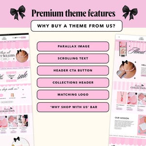 Pode incluir: Uma exibi&ccedil;&atilde;o digital de um tema de site com um esquema de cores rosa e branco e detalhes de la&ccedil;os pretos. O layout inclui o texto Premium theme features, Why buy a theme from us? e uma lista de recursos como Parallax image.