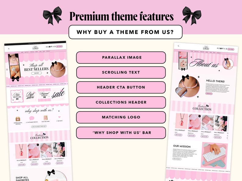 Pode incluir: Uma exibi&ccedil;&atilde;o digital de um tema de site com um esquema de cores rosa e branco e detalhes de la&ccedil;os pretos. O layout inclui o texto Premium theme features, Why buy a theme from us? e uma lista de recursos como Parallax image.