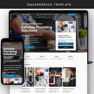 May include: A website design for plumbing services, shown on a laptop and smartphone. The site displays the text "Reliable Plumbing Solutions" and "Get a Free No Obligation Quote". The design includes images of plumbing work and service statistics.