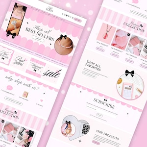 Pode incluir: Um modelo de layout de site com um tema de listras rosa e brancas e bordas recortadas. O design inclui se&ccedil;&otilde;es para mais vendidos, novidades, cole&ccedil;&otilde;es em destaque e uma caixa de inscri&ccedil;&atilde;o, tudo acentuado com pequenos &iacute;cones de la&ccedil;os pretos.
