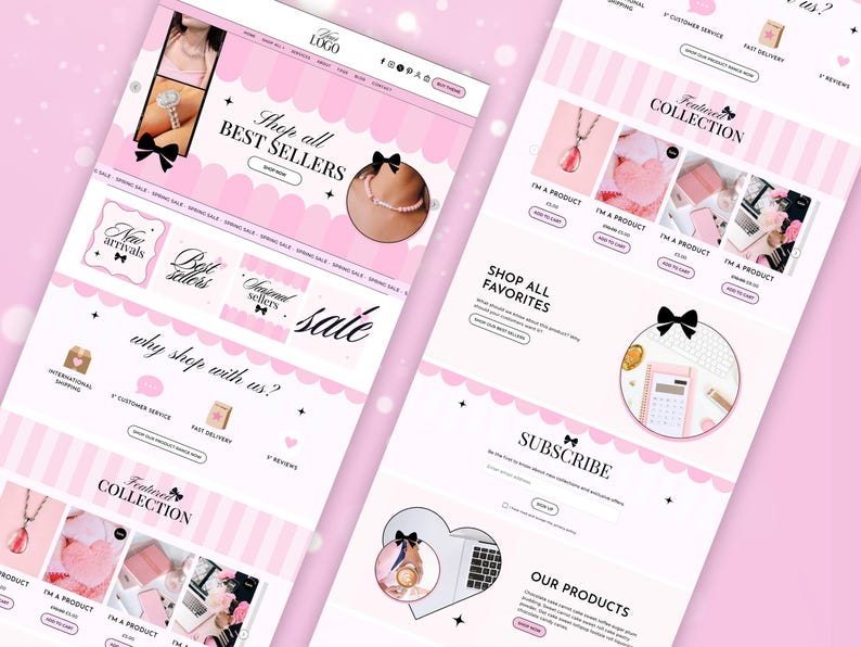 Pode incluir: Um modelo de layout de site com um tema de listras rosa e brancas e bordas recortadas. O design inclui se&ccedil;&otilde;es para mais vendidos, novidades, cole&ccedil;&otilde;es em destaque e uma caixa de inscri&ccedil;&atilde;o, tudo acentuado com pequenos &iacute;cones de la&ccedil;os pretos.