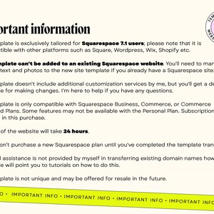Pu&ograve; includere: Pagina color crema con testo nero intitolata "Informazioni importanti". Il testo descrive la compatibilit&agrave; del modello Squarespace, le istruzioni per il trasferimento e i requisiti del piano. Un logo circolare con "Template Twist" &egrave; nell'angolo in alto a destra.
