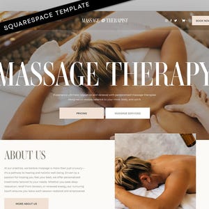 Op de afbeelding: Een Squarespace-websitetemplate voor een massagetherapeut met een heldafbeelding van een persoon die een massage krijgt, grote witte tekst MASSAGE THERAPY, navigatiemenu's, een boek nu-knop en een over ons-sectie met beschrijvende tekst.