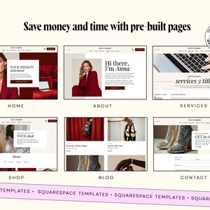 May include: A digital display of six website page layouts titled Home, About, Services, Shop, Blog, and Contact. The designs feature a cream and deep red color palette with serif typography, fashion photography, and the text Save money and time with pre-built pages.