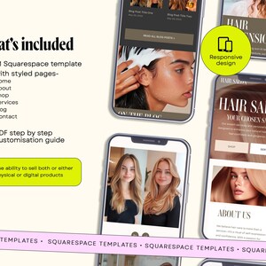 Peut inclure: Image pr&eacute;sentant un mod&egrave;le Squarespace avec des pages stylis&eacute;es : Accueil, &Agrave; propos, Boutique, Services, Blog et Contact. La conception est r&eacute;active, permettant la vente de produits physiques ou num&eacute;riques. Un guide de personnalisation PDF est inclus.