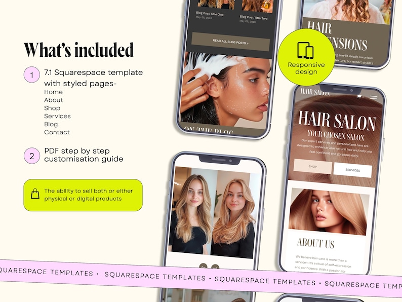 Peut inclure: Image pr&eacute;sentant un mod&egrave;le Squarespace avec des pages stylis&eacute;es : Accueil, &Agrave; propos, Boutique, Services, Blog et Contact. La conception est r&eacute;active, permettant la vente de produits physiques ou num&eacute;riques. Un guide de personnalisation PDF est inclus.