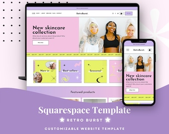 May include: A Squarespace website template titled Retro Burst displayed on a laptop and smartphone screen. The design features a pastel color palette with pink and yellow sections, showcasing a skincare collection with imagery of people wearing towels.