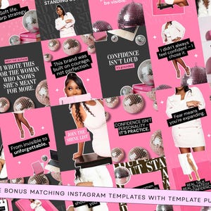 May include: A collection of social media templates featuring a pink and black color scheme with disco ball graphics and motivational text overlays. The designs include images of a person in a white outfit, various inspirational quotes, and text.