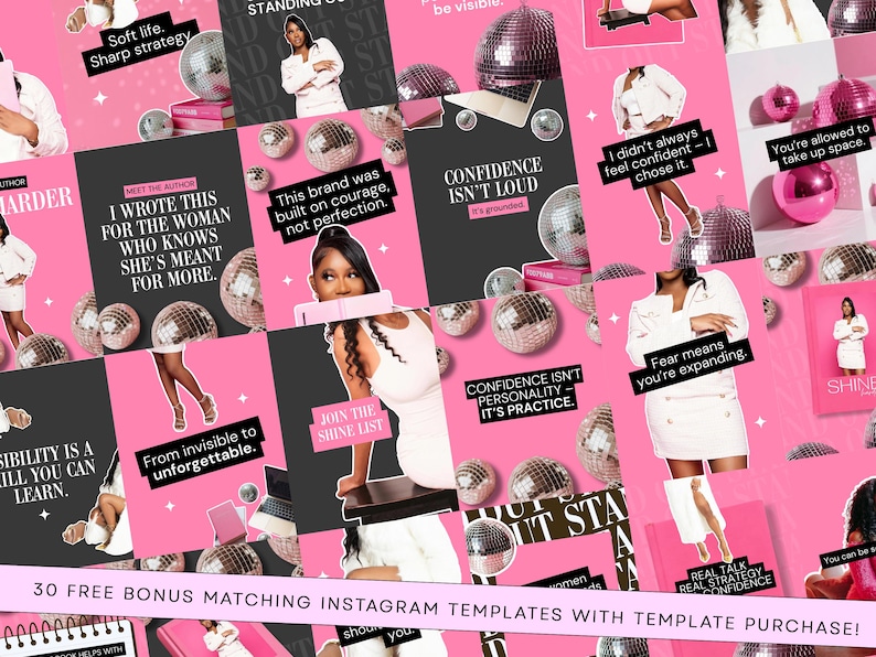 May include: A collection of social media templates featuring a pink and black color scheme with disco ball graphics and motivational text overlays. The designs include images of a person in a white outfit, various inspirational quotes, and text.