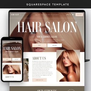 Könnte beinhalten: Eine Squarespace-Vorlage für eine Friseursalon-Website, angezeigt auf einem Laptop und Smartphone. Die Website zeigt das Wort "HAIR SALON" in großer Schrift. Das Smartphone zeigt "HAIR SALON" und "ABOUT US".