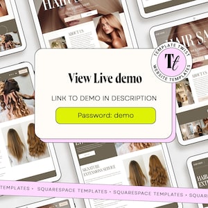 Peut inclure: Maquette num&eacute;rique d'un site web de salon de coiffure affich&eacute;e sur plusieurs tablettes. Le site web pr&eacute;sente des images de coiffures et d'extensions capillaires. L'image comprend le texte "View Live demo" et "Password: demo".