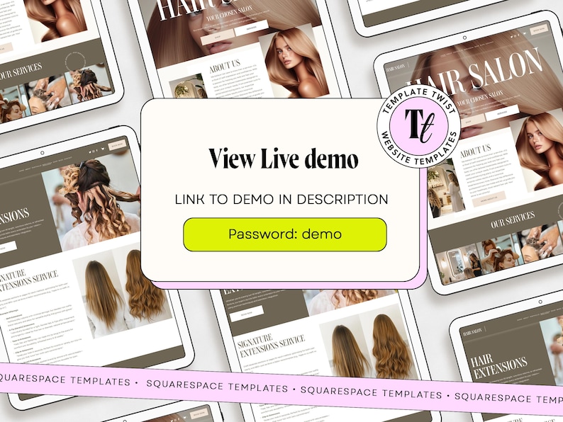 Peut inclure: Maquette num&eacute;rique d'un site web de salon de coiffure affich&eacute;e sur plusieurs tablettes. Le site web pr&eacute;sente des images de coiffures et d'extensions capillaires. L'image comprend le texte "View Live demo" et "Password: demo".