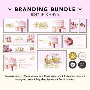 Modelos de pacote de marca - Modelo de kit Canva, marca de panificação, marca de padaria, marca de confeitaria, marca rosa, logotipo editável