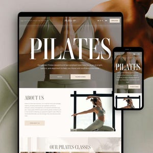 May include: A tablet and smartphone showing a Pilates website. The word "PILATES" is displayed in large text. The website features images of people doing Pilates and details about the classes offered.