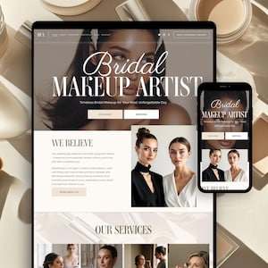 May include: A digital tablet and smartphone displaying a website for a bridal makeup artist. The website features the text "Bridal MAKEUP ARTIST" and images of models. Makeup brushes and cosmetic products are arranged around the devices.