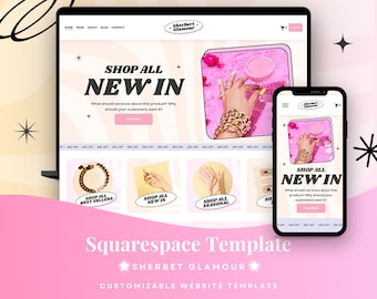 May include: A digital website template titled Sherbet Glamour displayed on a laptop and smartphone screen. The interface features a light pink and cream colour palette with navigation menus, product categories, and promotional banners for new items.