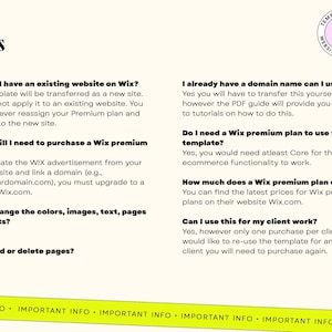 May include: A cream-colored document with the heading "FAQs" and a logo in the upper right corner. The document contains questions and answers about Wix website templates, including domain transfer, premium plans, and client use.
