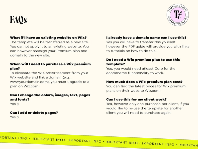 May include: A cream-colored document with the heading "FAQs" and a logo in the upper right corner. The document contains questions and answers about Wix website templates, including domain transfer, premium plans, and client use.