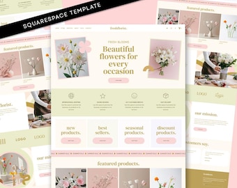 May include: A Squarespace website template for a florist featuring a cream and light green color palette. The layout includes sections for featured products, customer service icons, and categories like new products, best sellers, and seasonal items.