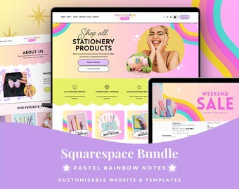 May include: A digital Squarespace bundle featuring customisable website templates with a pastel rainbow theme. The interface displays stationery products, a weekend sale banner, and various product categories with colourful graphics and text.