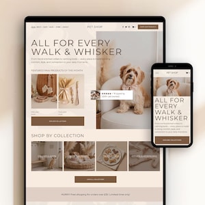 May include: A website displayed on a tablet and smartphone, showcasing a pet shop. The main page features the text "ALL FOR EVERY WALK & WHISKER" and images of dog products. A fluffy dog wearing a pink bow tie is also featured.