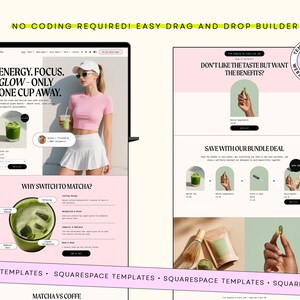 Pu&ograve; includere: Un modello di sito web in rosa e crema. Il testo include "ENERGY. FOCUS. GLOW - ONLY ONE CUP AWAY." e "DON'T LIKE THE TASTE BUT WANT THE BENEFITS?" &Egrave; presente anche una donna con top rosa e gonna bianca.