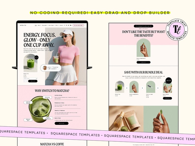 Pu&ograve; includere: Un modello di sito web in rosa e crema. Il testo include "ENERGY. FOCUS. GLOW - ONLY ONE CUP AWAY." e "DON'T LIKE THE TASTE BUT WANT THE BENEFITS?" &Egrave; presente anche una donna con top rosa e gonna bianca.